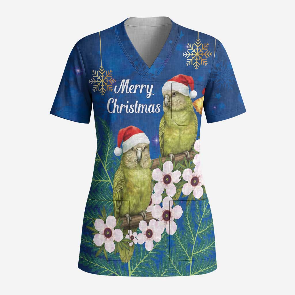 New Zealand Kakapo Christmas Scrub Top Owl Parrot Santa Sliver Fern Manuka - Blue LT14 Adult Blue - Polynesian Pride