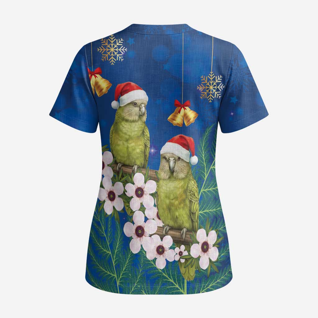 New Zealand Kakapo Christmas Scrub Top Owl Parrot Santa Sliver Fern Manuka - Blue LT14 - Polynesian Pride