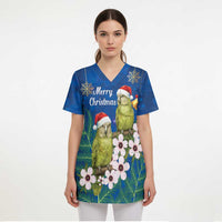 New Zealand Kakapo Christmas Scrub Top Owl Parrot Santa Sliver Fern Manuka - Blue LT14 - Polynesian Pride