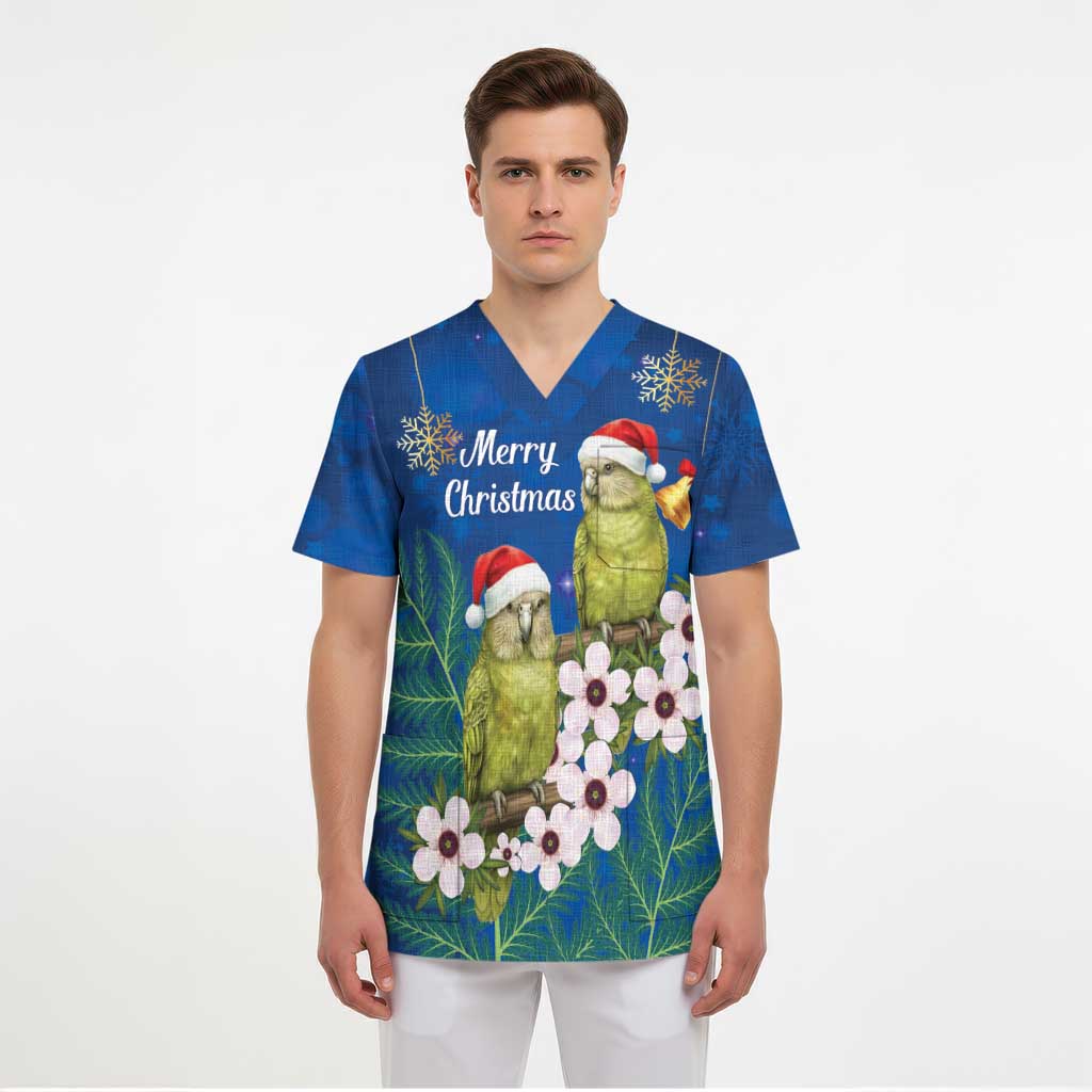 New Zealand Kakapo Christmas Scrub Top Owl Parrot Santa Sliver Fern Manuka - Blue LT14 - Polynesian Pride
