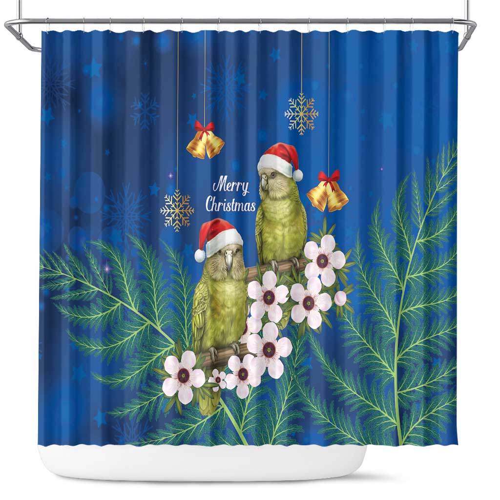 New Zealand Kakapo Christmas Shower Curtain Owl Parrot Santa Sliver Fern Manuka - Blue LT14 Blue - Polynesian Pride