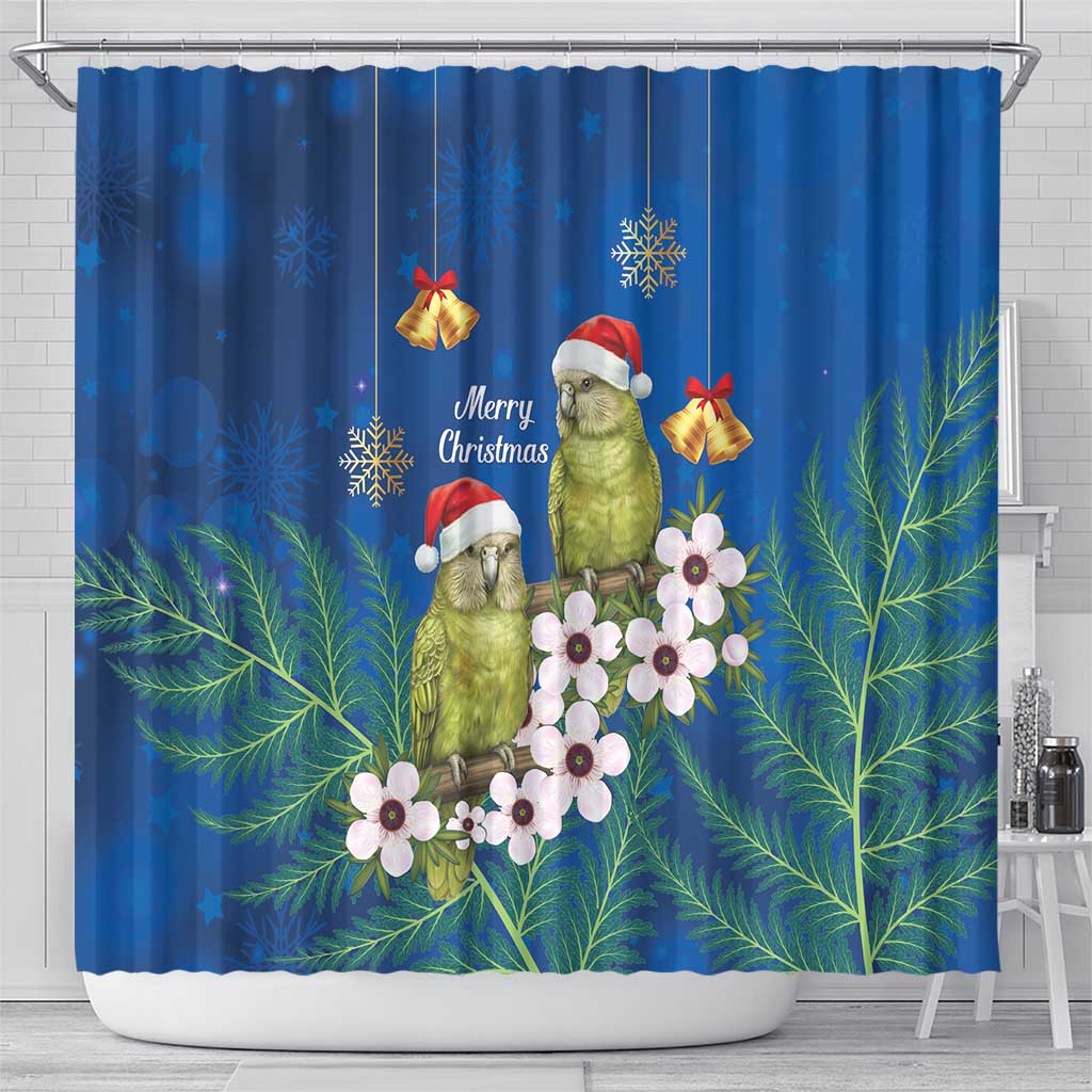 New Zealand Kakapo Christmas Shower Curtain Owl Parrot Santa Sliver Fern Manuka - Blue LT14 - Polynesian Pride