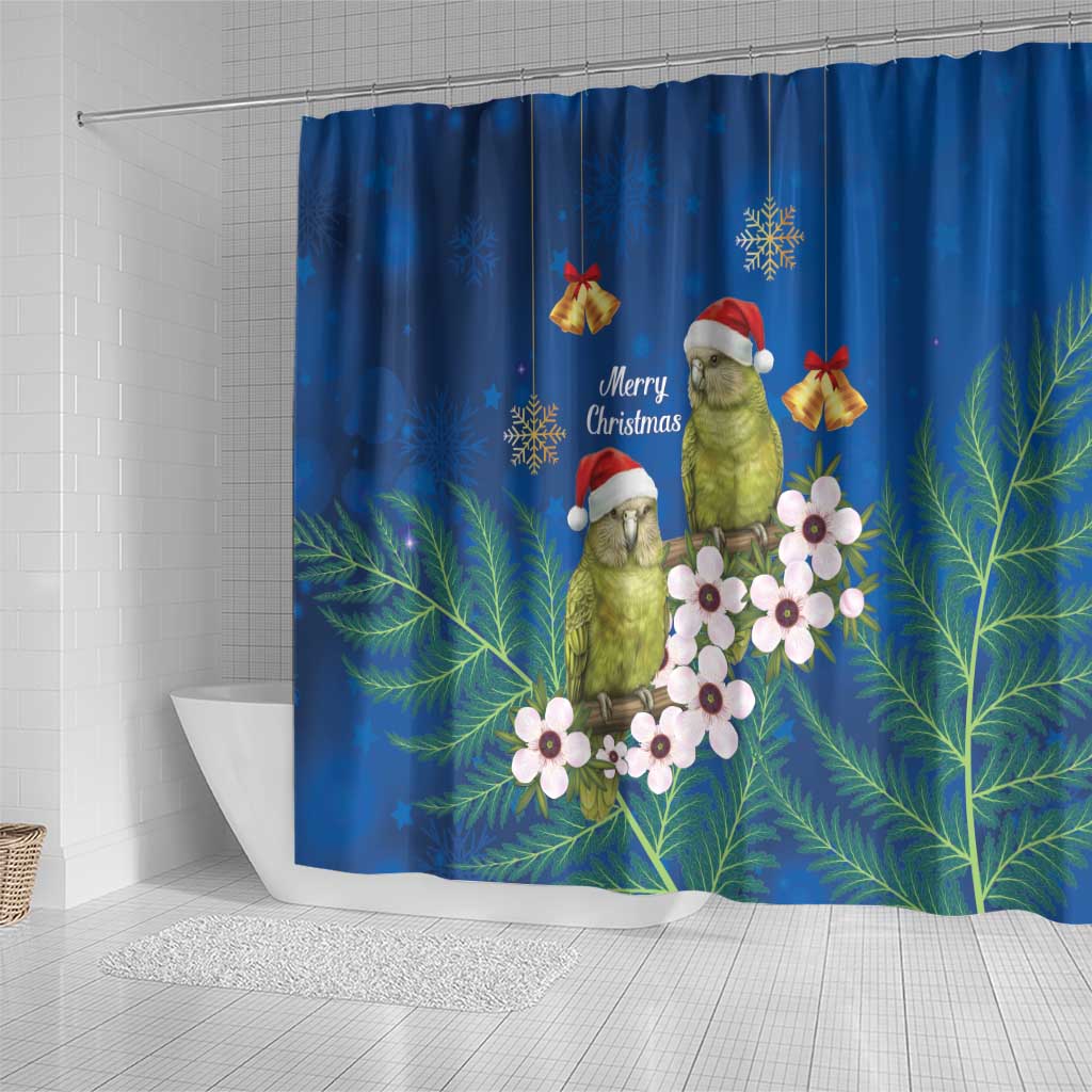 New Zealand Kakapo Christmas Shower Curtain Owl Parrot Santa Sliver Fern Manuka - Blue LT14 - Polynesian Pride