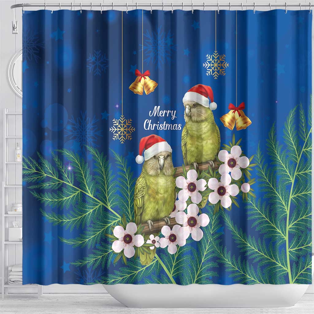 New Zealand Kakapo Christmas Shower Curtain Owl Parrot Santa Sliver Fern Manuka - Blue LT14 - Polynesian Pride
