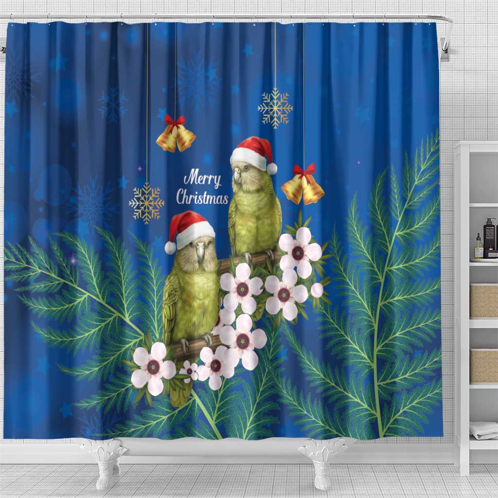 New Zealand Kakapo Christmas Shower Curtain Owl Parrot Santa Sliver Fern Manuka - Blue LT14 - Polynesian Pride