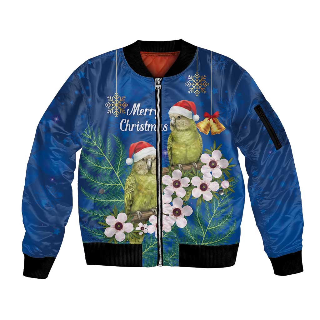 New Zealand Kakapo Christmas Sleeve Zip Bomber Jacket Owl Parrot Santa Sliver Fern Manuka - Blue LT14 Unisex Blue - Polynesian Pride