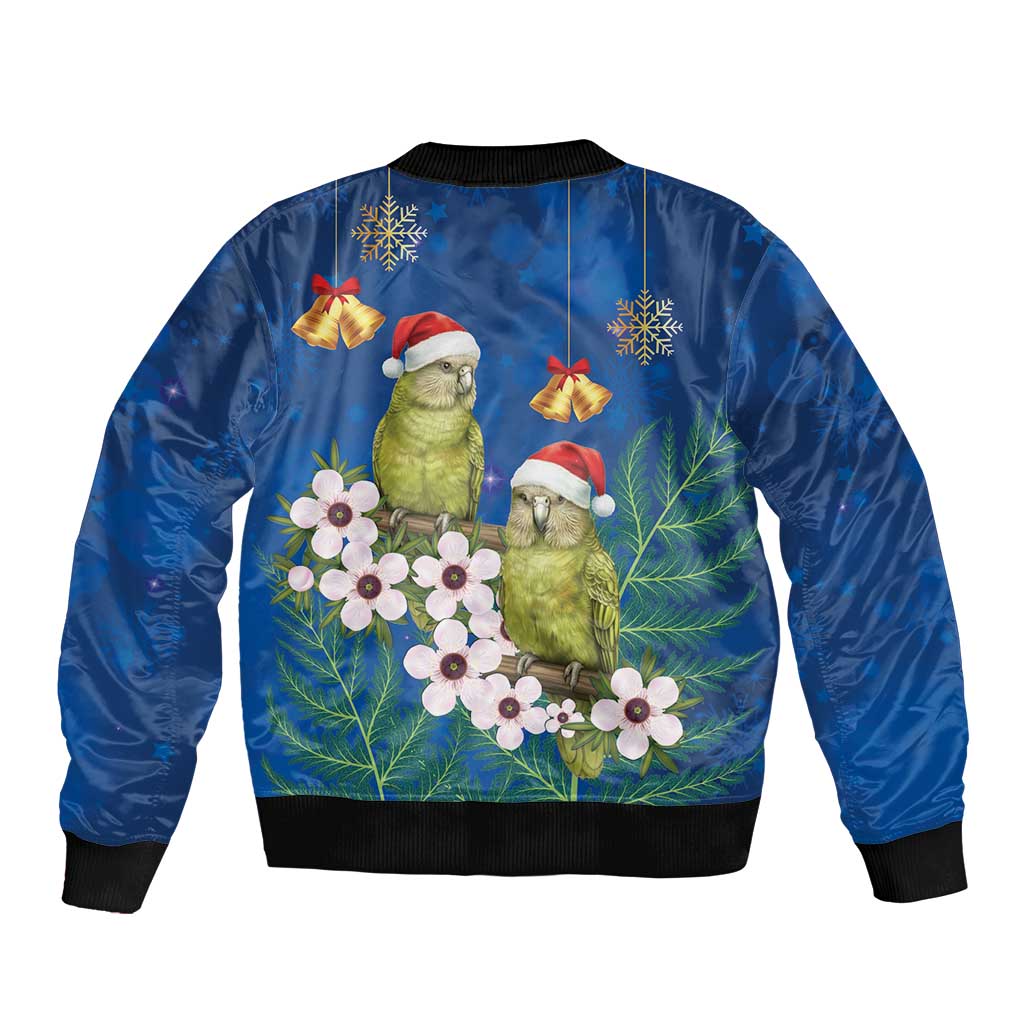 New Zealand Kakapo Christmas Sleeve Zip Bomber Jacket Owl Parrot Santa Sliver Fern Manuka - Blue LT14 - Polynesian Pride