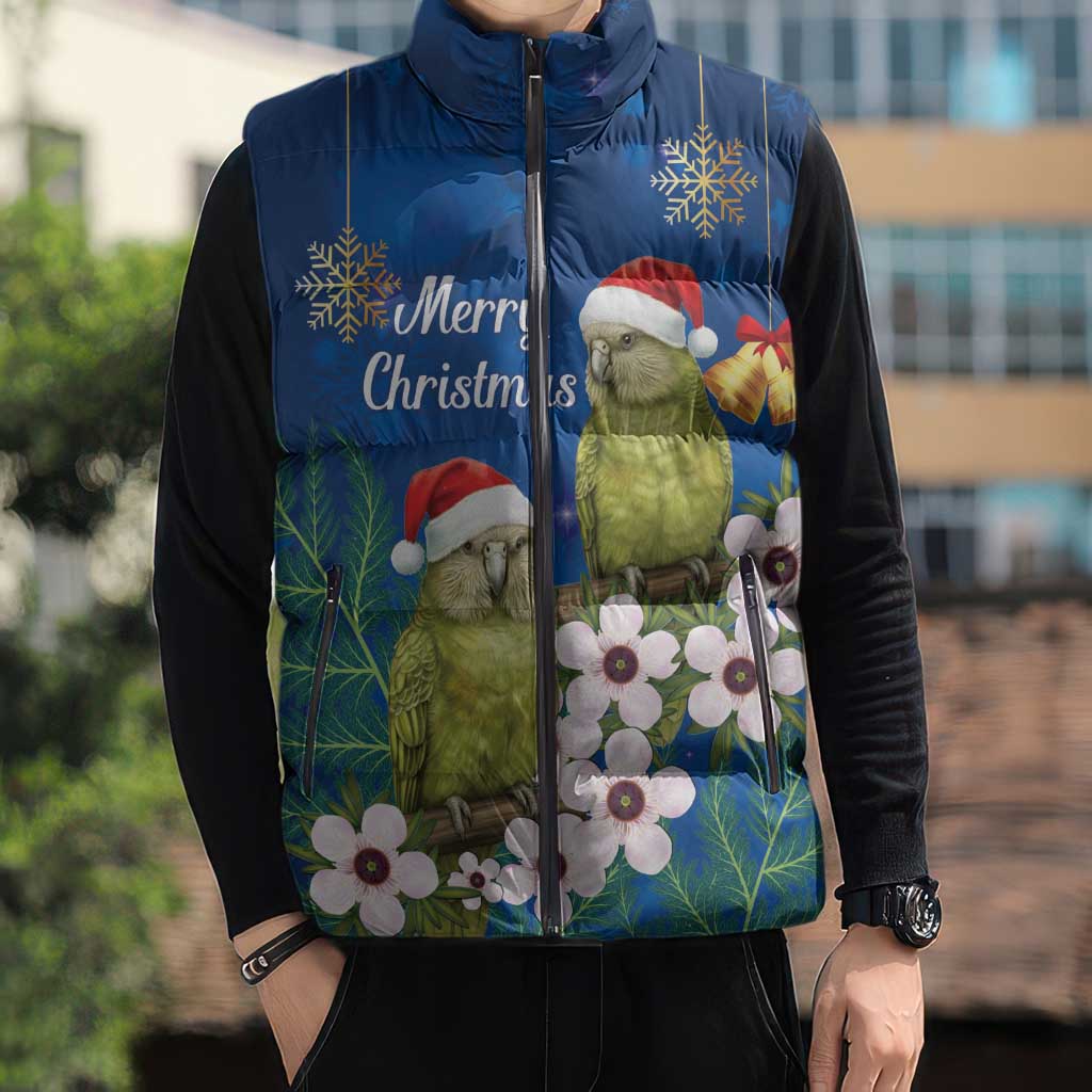 New Zealand Kakapo Christmas Sleeveless Puffer Jacket Owl Parrot Santa Sliver Fern Manuka - Blue LT14 - Polynesian Pride