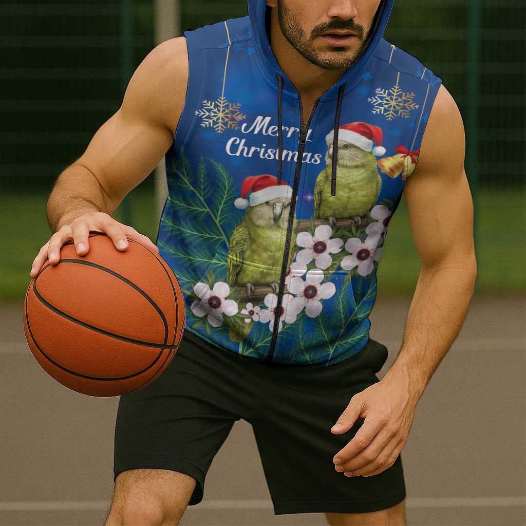 New Zealand Kakapo Christmas Sleeveless Zip Hoodie Owl Parrot Santa Sliver Fern Manuka - Blue LT14 - Polynesian Pride