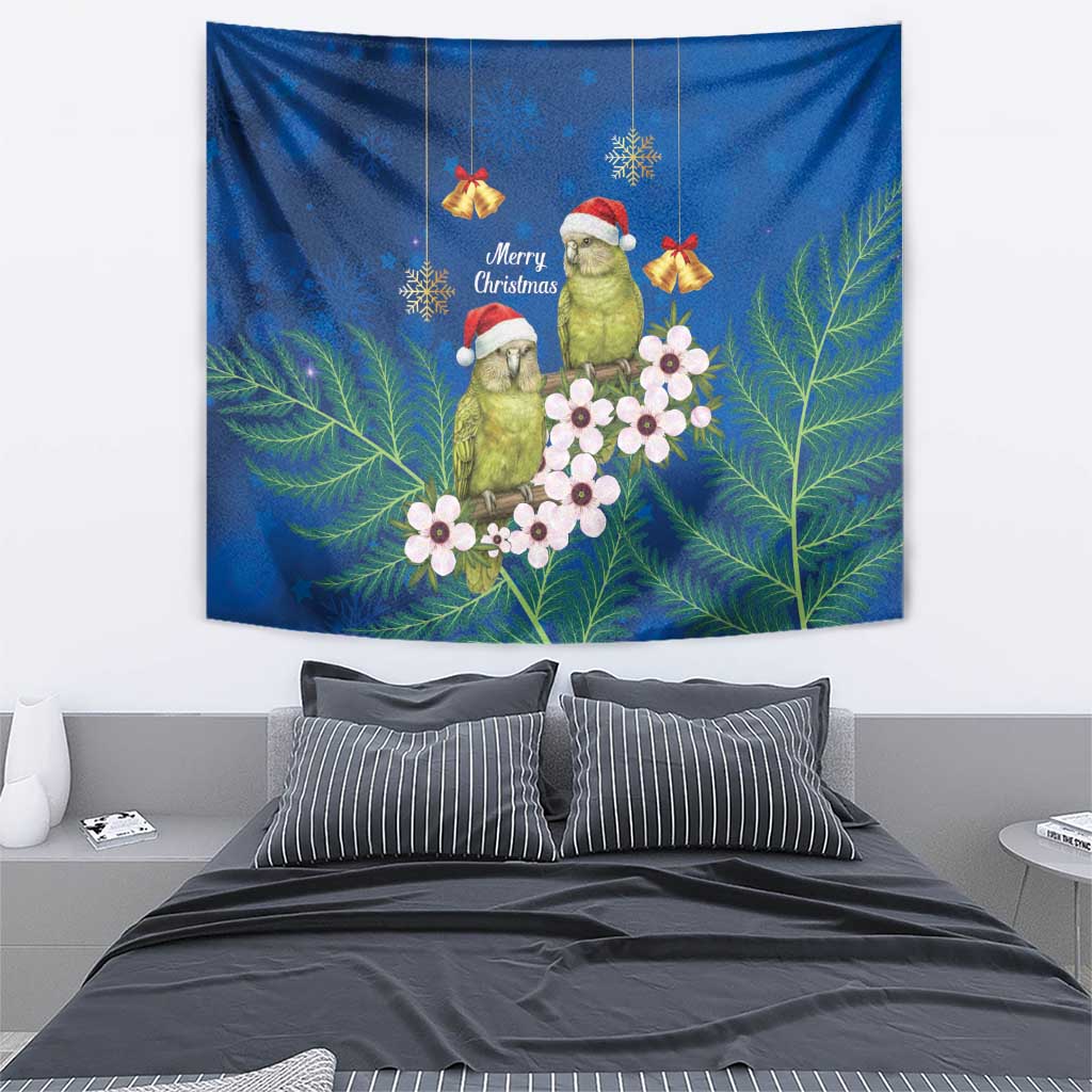 New Zealand Kakapo Christmas Tapestry Owl Parrot Santa Sliver Fern Manuka - Blue LT14 - Polynesian Pride