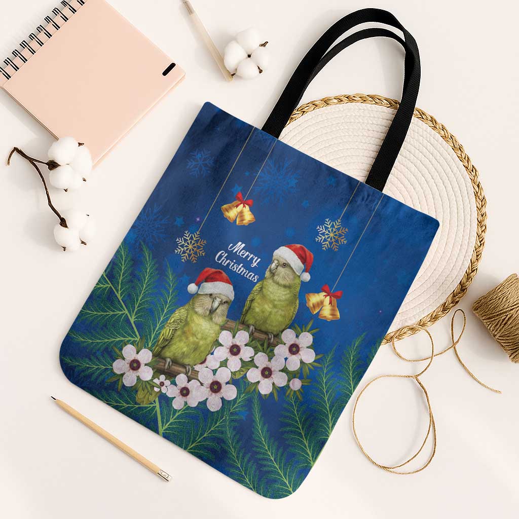 New Zealand Kakapo Christmas Tote Bag Owl Parrot Santa Sliver Fern Manuka - Blue LT14 Black Strap One Size Blue - Polynesian Pride