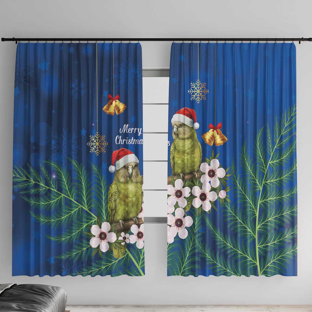 New Zealand Kakapo Christmas Window Curtain Owl Parrot Santa Sliver Fern Manuka - Blue LT14 With Hooks Blue - Polynesian Pride