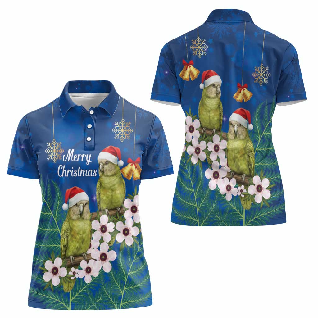 New Zealand Kakapo Christmas Women Polo Shirt Owl Parrot Santa Sliver Fern Manuka - Blue - Polynesian Pride