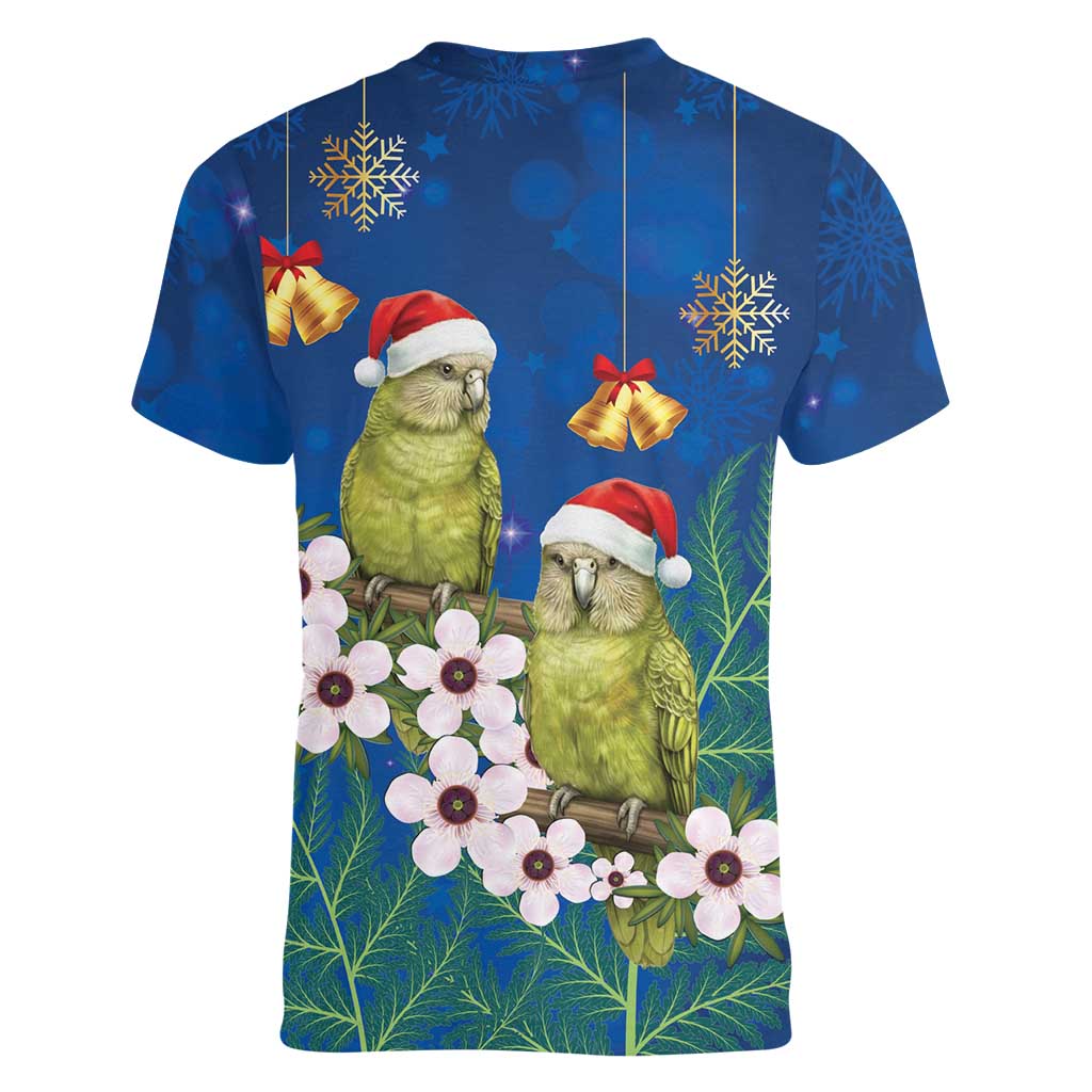 New Zealand Kakapo Christmas Women V-Neck T-Shirt Owl Parrot Santa Sliver Fern Manuka - Blue LT14 - Polynesian Pride