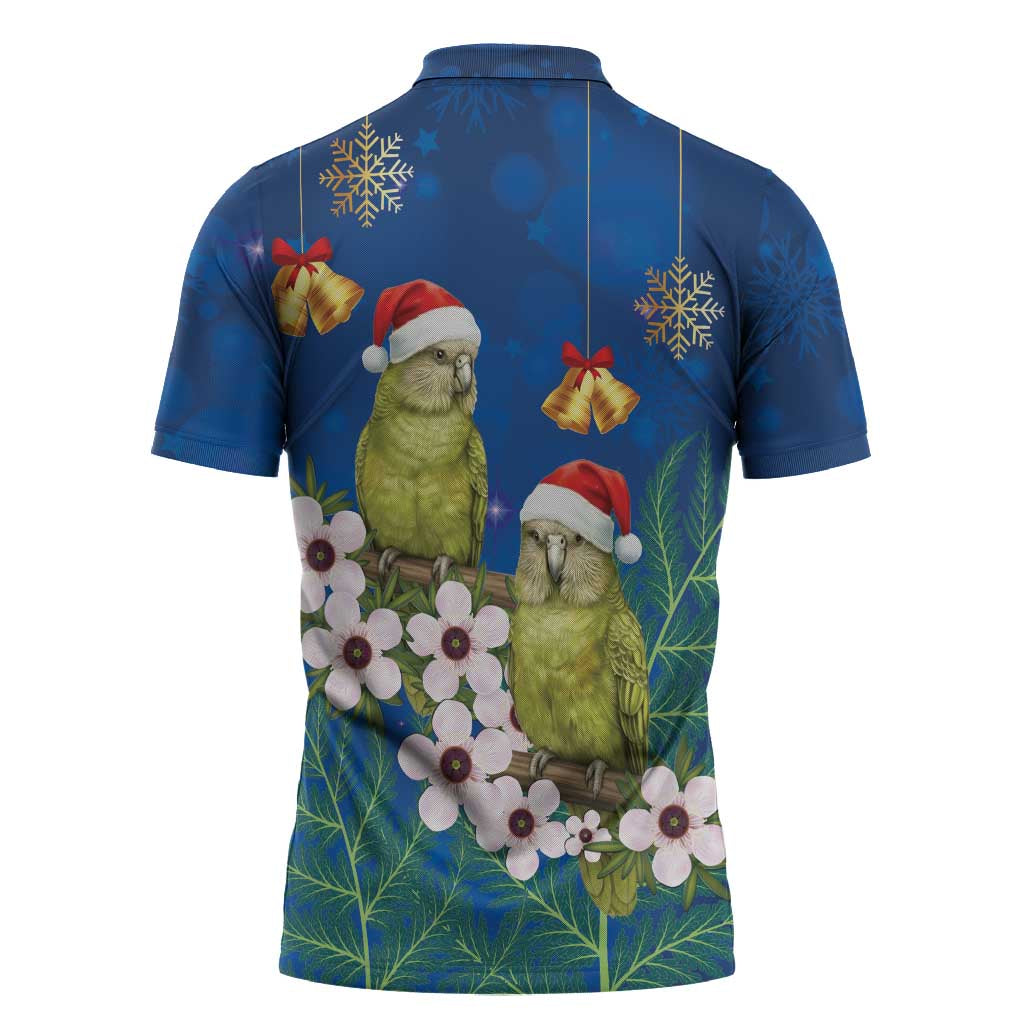 New Zealand Kakapo Christmas Zipper Polo Shirt Owl Parrot Santa Sliver Fern Manuka - Blue LT14 - Polynesian Pride