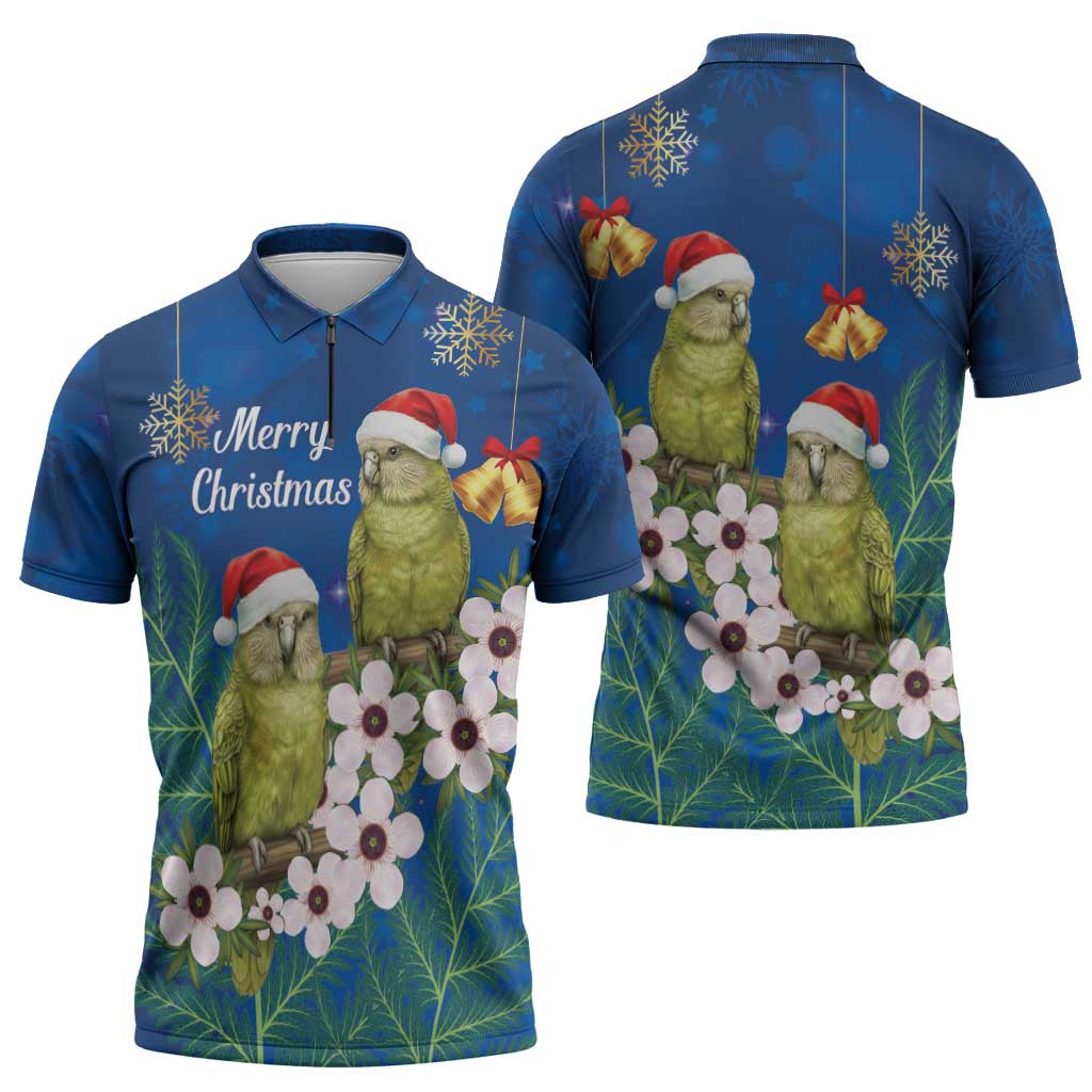 New Zealand Kakapo Christmas Zipper Polo Shirt Owl Parrot Santa Sliver Fern Manuka - Blue LT14 - Polynesian Pride
