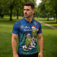 New Zealand Kakapo Christmas Zipper Polo Shirt Owl Parrot Santa Sliver Fern Manuka - Blue LT14 - Polynesian Pride