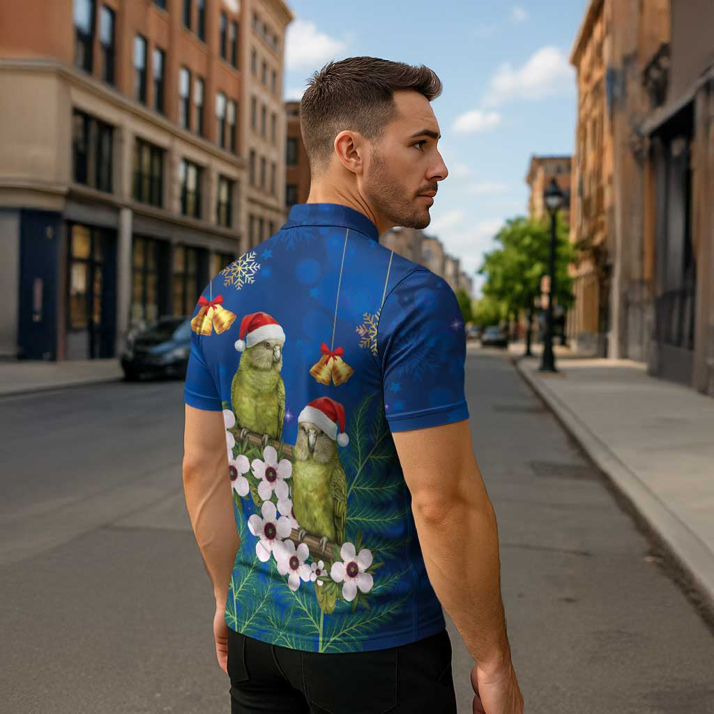 New Zealand Kakapo Christmas Zipper Polo Shirt Owl Parrot Santa Sliver Fern Manuka - Blue LT14 - Polynesian Pride