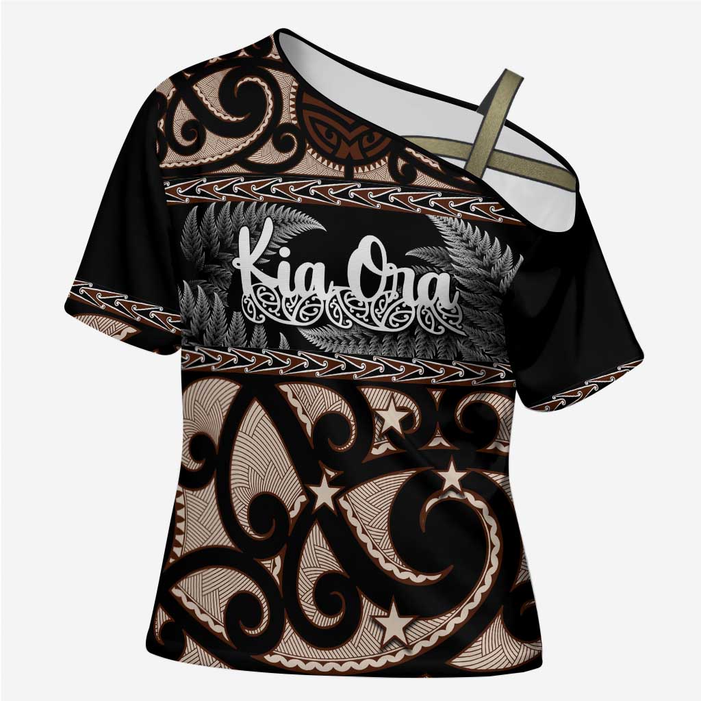Kia Ora New Zealand Cross Shoulder Shirt Aotearoa Proud Maori Silver Fern LT14 Female Black - Polynesian Pride