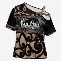 Kia Ora New Zealand Cross Shoulder Shirt Aotearoa Proud Maori Silver Fern LT14 Female Black - Polynesian Pride
