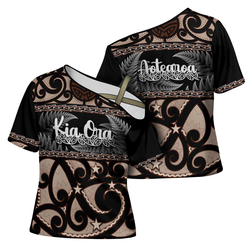 Kia Ora New Zealand Cross Shoulder Shirt Aotearoa Proud Maori Silver Fern LT14 - Polynesian Pride