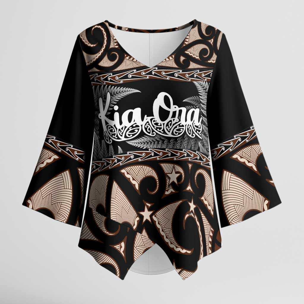 Kia Ora New Zealand Kimono Sleeve Blouse Aotearoa Proud Maori Silver Fern LT14 Female Black - Polynesian Pride