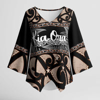 Kia Ora New Zealand Kimono Sleeve Blouse Aotearoa Proud Maori Silver Fern LT14 Female Black - Polynesian Pride