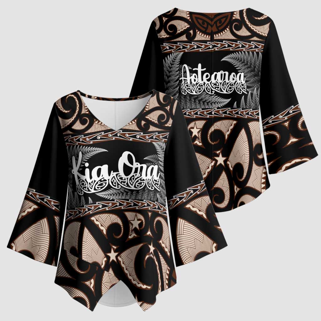 Kia Ora New Zealand Kimono Sleeve Blouse Aotearoa Proud Maori Silver Fern LT14 - Polynesian Pride