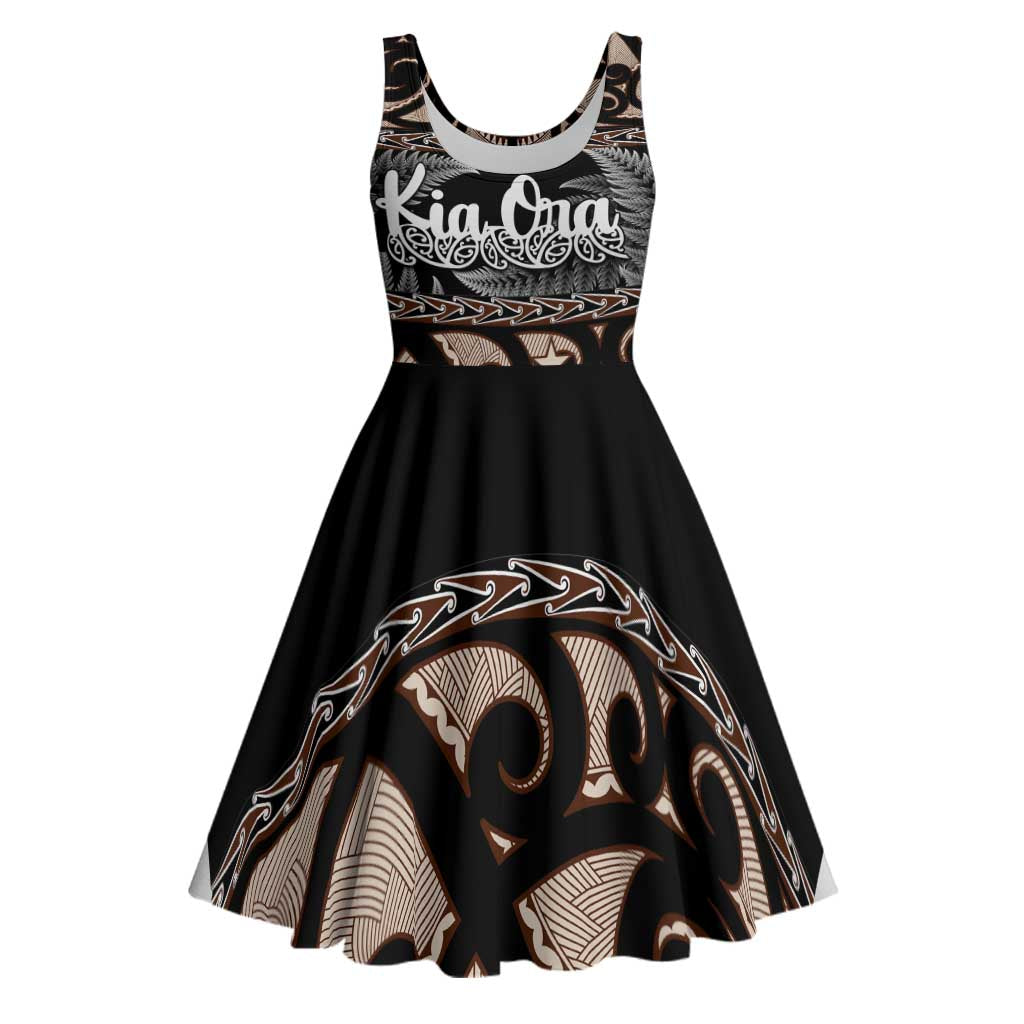 Kia Ora New Zealand Midi Dress Aotearoa Proud Maori Silver Fern LT14 Black - Polynesian Pride