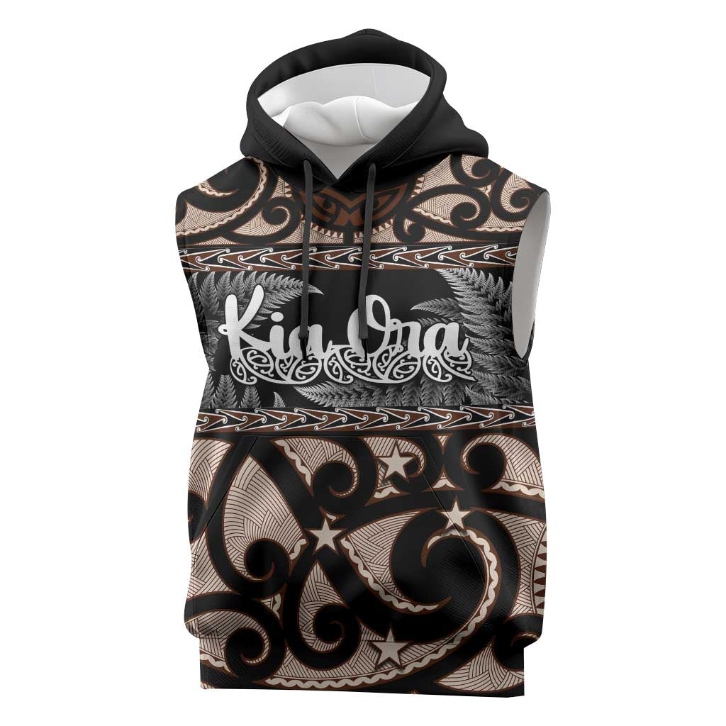 Kia Ora New Zealand Sleeveless Hoodie Aotearoa Proud Maori Silver Fern LT14 Black - Polynesian Pride