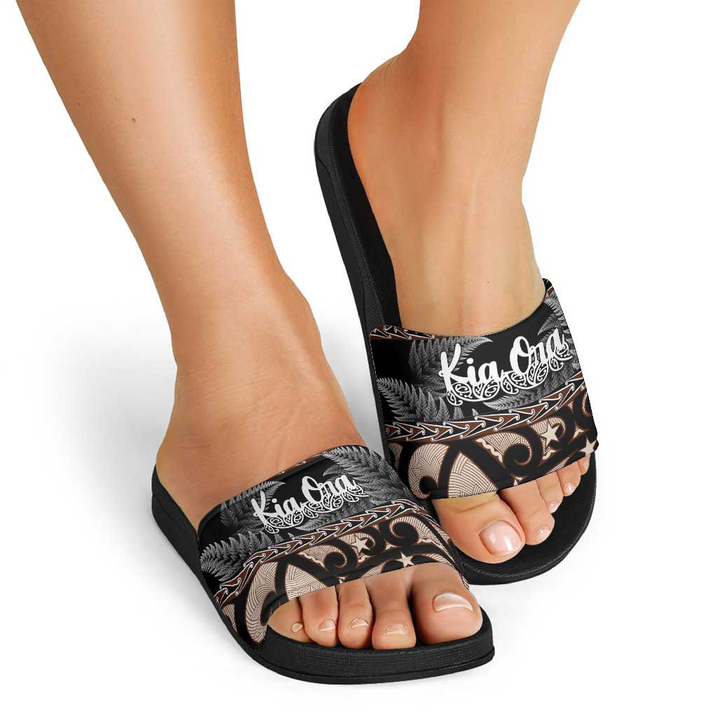 Kia Ora New Zealand Slide Sandals Aotearoa Proud Maori Silver Fern - Polynesian Pride