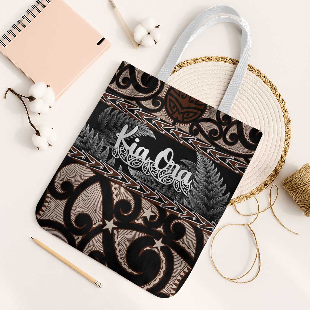 Kia Ora New Zealand Tote Bag Aotearoa Proud Maori Silver Fern LT14 White Strap One Size Black - Polynesian Pride