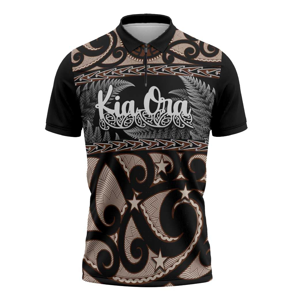 Kia Ora New Zealand Zipper Polo Shirt Aotearoa Proud Maori Silver Fern LT14 Black - Polynesian Pride