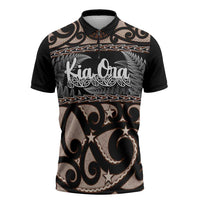 Kia Ora New Zealand Zipper Polo Shirt Aotearoa Proud Maori Silver Fern LT14 Black - Polynesian Pride