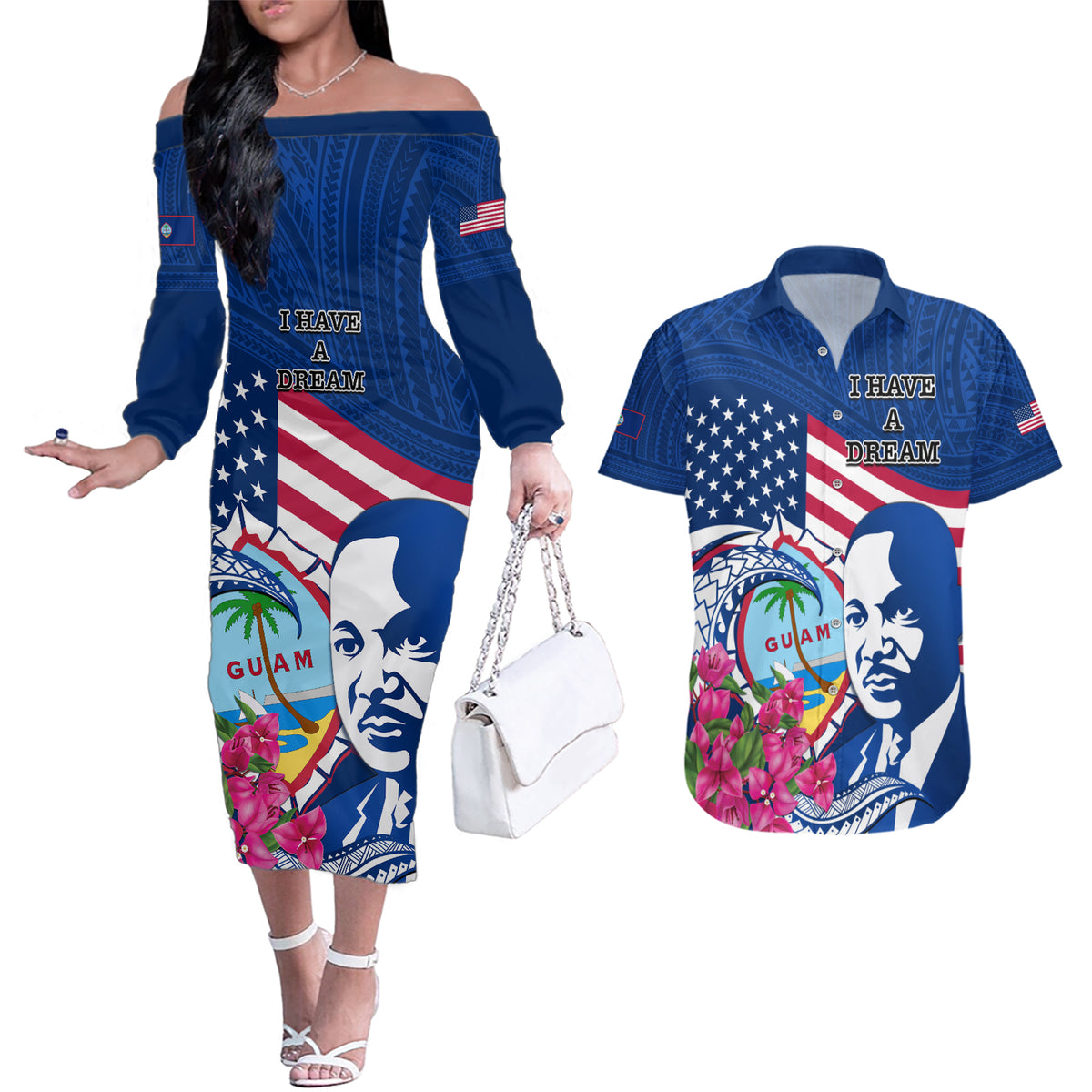 Guam Martin Luther King Jr Day Couples Matching Off The Shoulder Long Sleeve Dress and Hawaiian Shirt I Have A Dream Guahan Seal With Bougainvillea LT14 Blue - Polynesian Pride