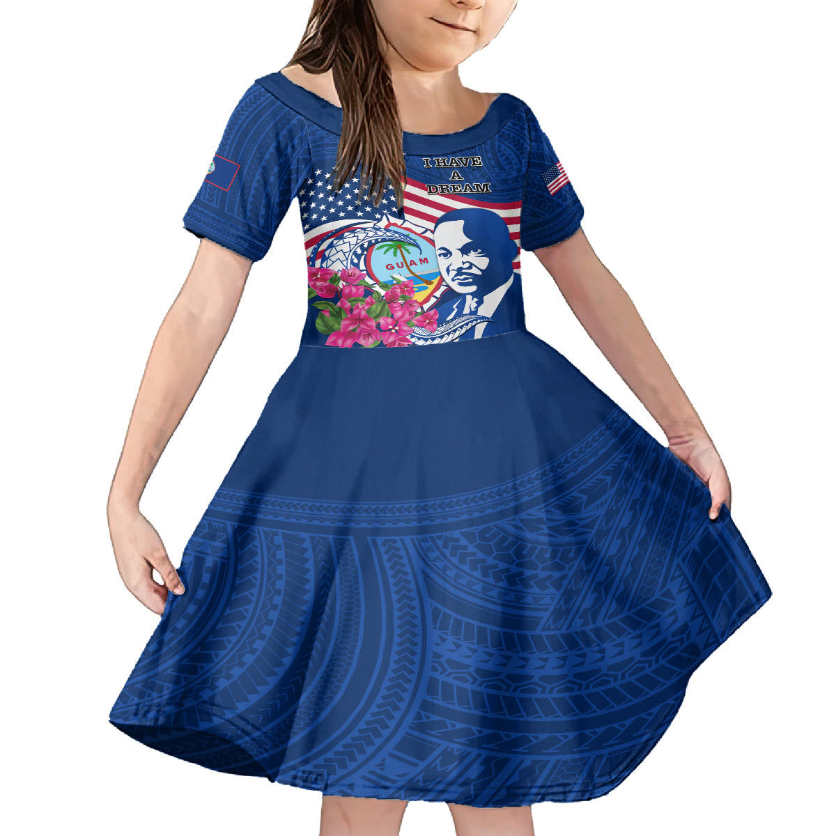 Guam Martin Luther King Jr Day Family Matching Tank Maxi Dress and Hawaiian Shirt I Have A Dream Guahan Seal With Bougainvillea LT14 Daughter's Dress Blue - Polynesian Pride