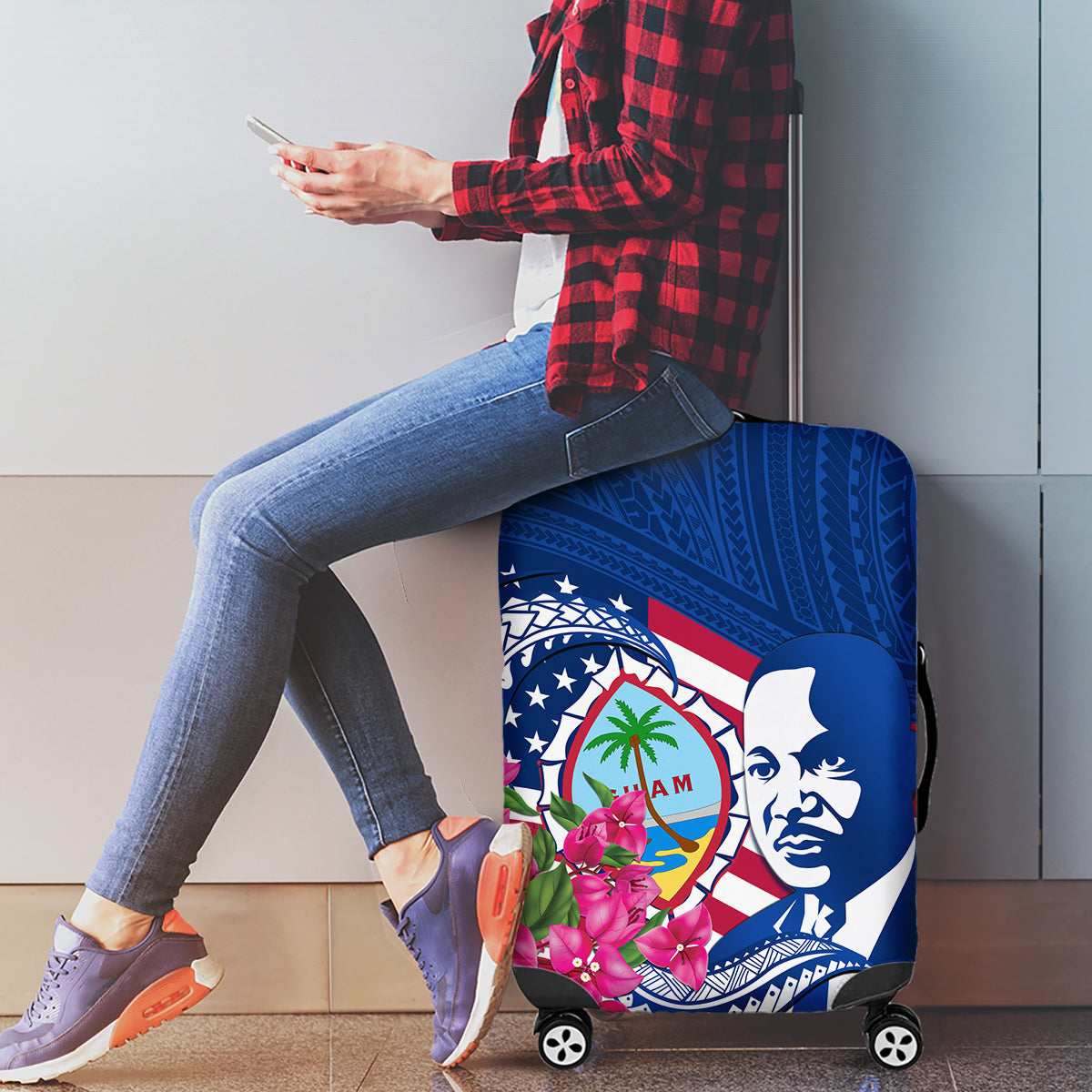 Guam Martin Luther King Jr Day Luggage Cover I Have A Dream Guahan Seal With Bougainvillea LT14 - Polynesian Pride