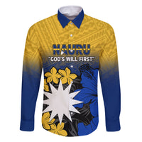 Nauru Independence Day Family Matching Off Shoulder Maxi Dress and Hawaiian Shirt Repubrikin Naoero Polynesian Pattern LT14 Dad's Shirt - Long Sleeve Blue - Polynesian Pride