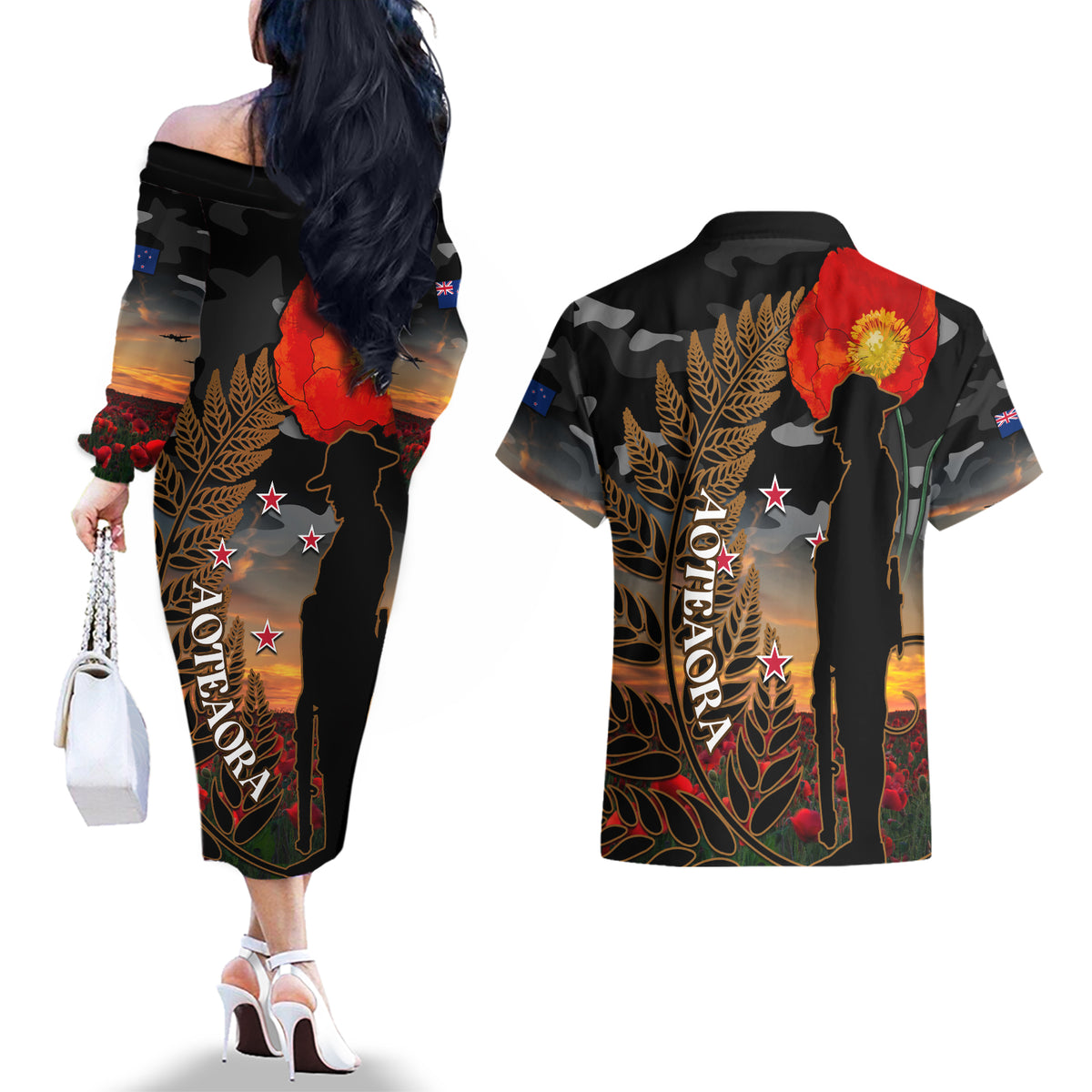 New Zealand ANZAC Day Couples Matching Off The Shoulder Long Sleeve Dress and Hawaiian Shirt Lest We Forget Silver Fern With Camouflage LT14 - Polynesian Pride