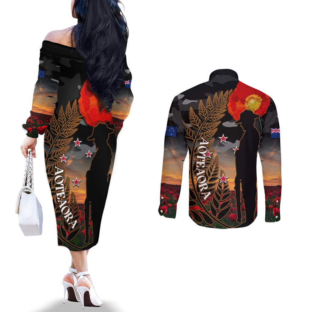 New Zealand ANZAC Day Couples Matching Off The Shoulder Long Sleeve Dress and Long Sleeve Button Shirt Lest We Forget Silver Fern With Camouflage LT14 - Polynesian Pride