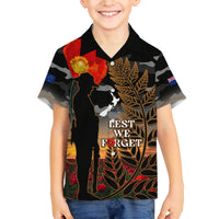 New Zealand ANZAC Day Family Matching Off Shoulder Maxi Dress and Hawaiian Shirt Lest We Forget Silver Fern With Camouflage LT14 Son's Shirt Black - Polynesian Pride
