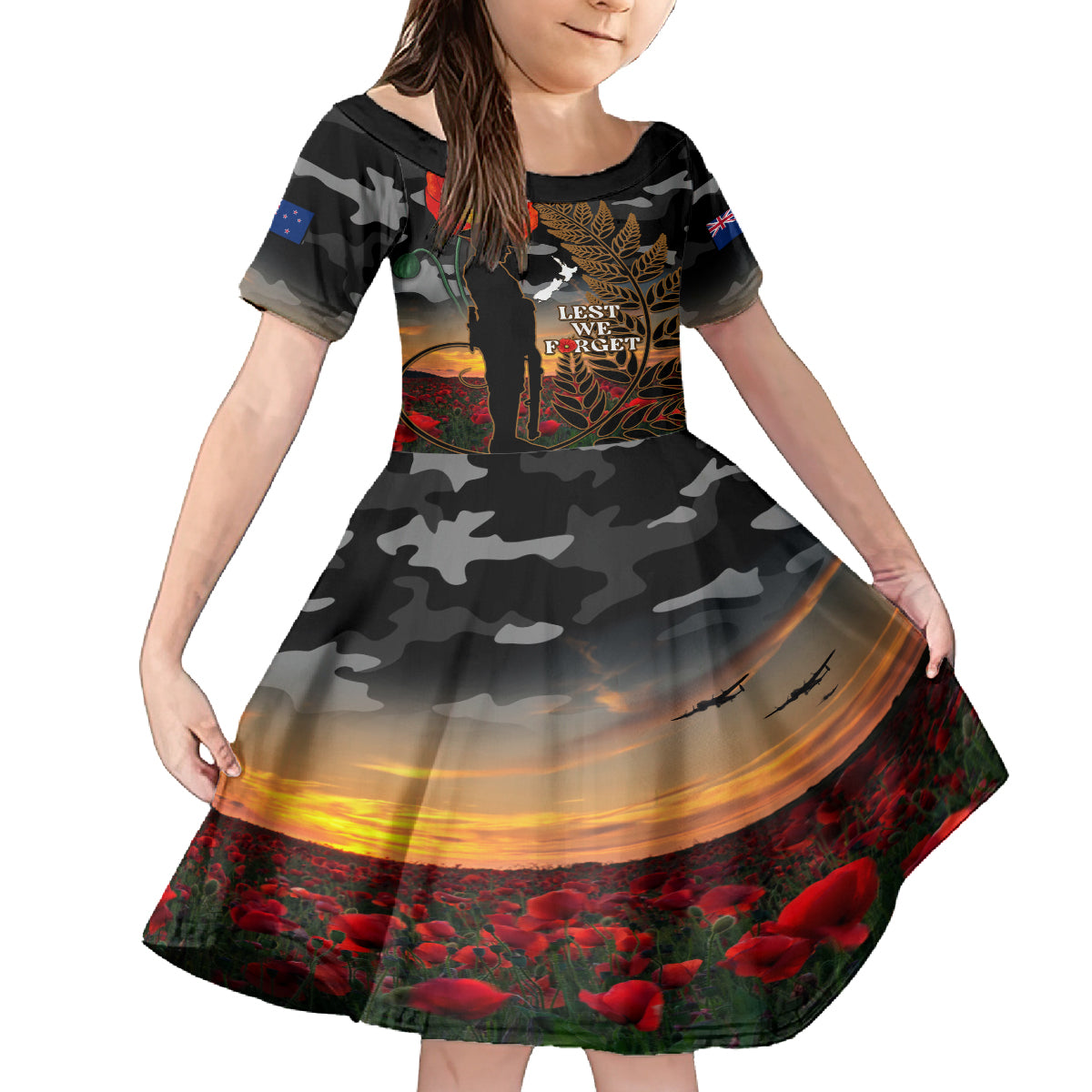 New Zealand ANZAC Day Family Matching Puletasi Dress and Hawaiian Shirt Lest We Forget Silver Fern With Camouflage LT14 Daughter's Dress Black - Polynesian Pride