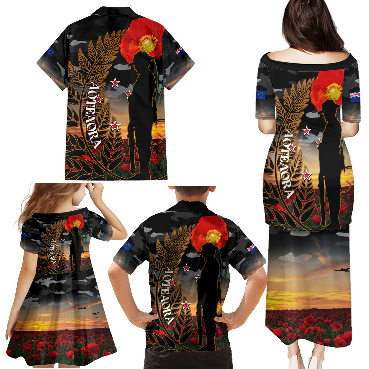 New Zealand ANZAC Day Family Matching Puletasi Dress and Hawaiian Shirt Lest We Forget Silver Fern With Camouflage LT14 - Polynesian Pride