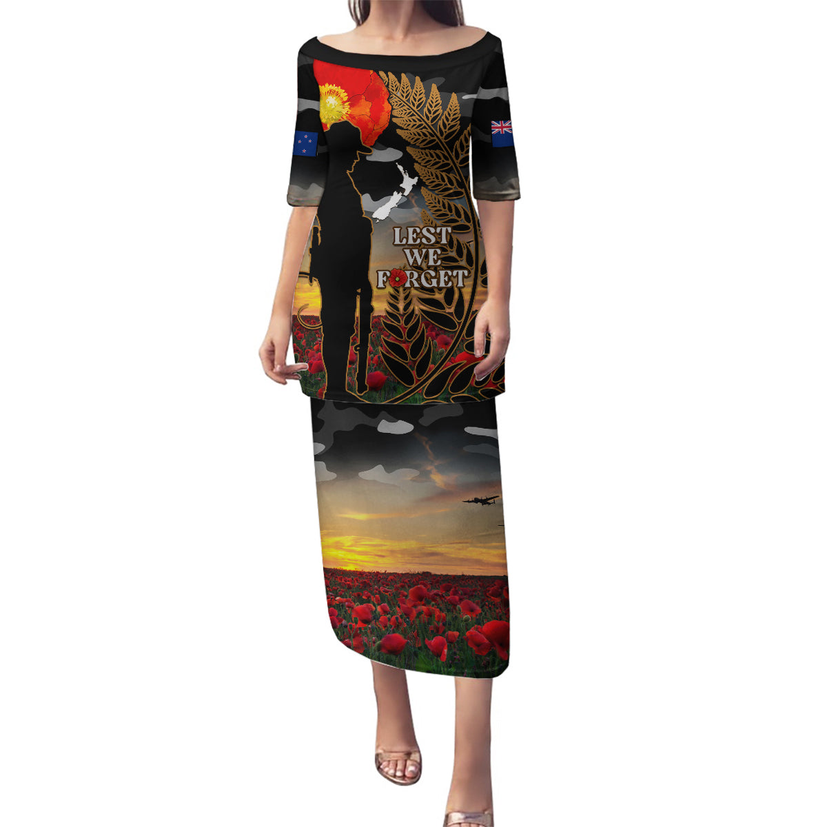New Zealand ANZAC Day Family Matching Puletasi Dress and Hawaiian Shirt Lest We Forget Silver Fern With Camouflage LT14 Mom's Dress Black - Polynesian Pride