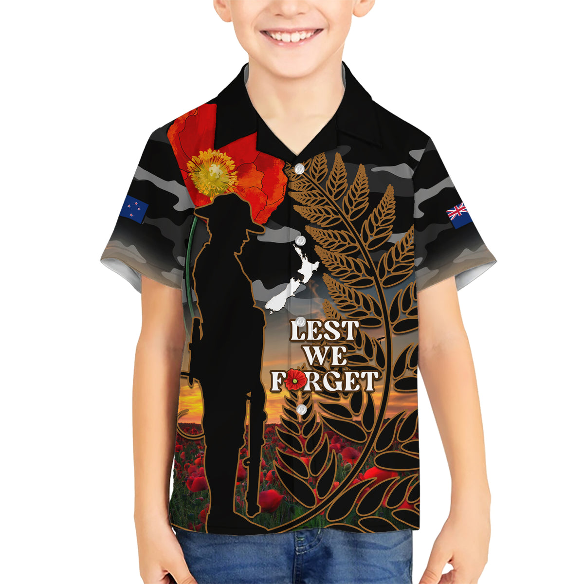 New Zealand ANZAC Day Family Matching Short Sleeve Bodycon Dress and Hawaiian Shirt Lest We Forget Silver Fern With Camouflage LT14 Son's Shirt Black - Polynesian Pride