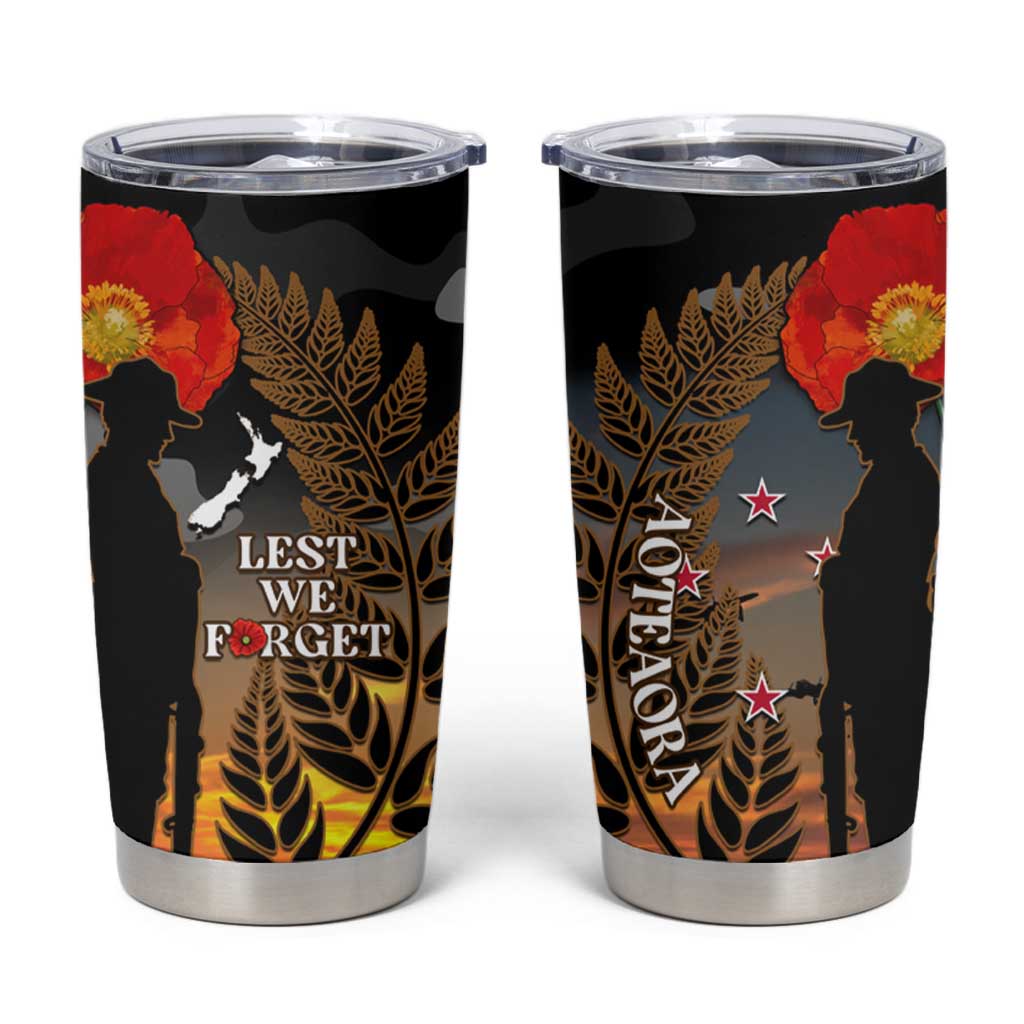 New Zealand ANZAC Day Tumbler Cup Lest We Forget Silver Fern With Camouflage LT14 Black - Polynesian Pride