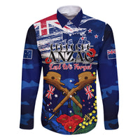Australia And New Zealand ANZAC Day Family Matching Off Shoulder Long Sleeve Dress and Hawaiian Shirt Lest We Forget Silver Fern With Golden Wattle LT14 Dad's Shirt - Long Sleeve Blue - Polynesian Pride