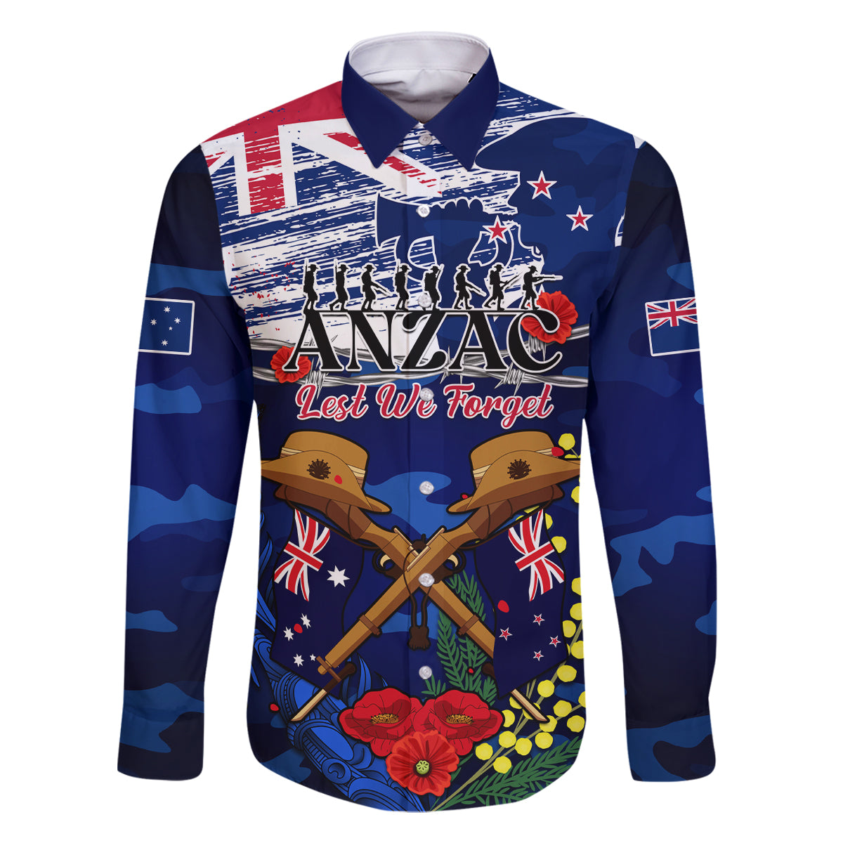 Australia And New Zealand ANZAC Day Family Matching Tank Maxi Dress and Hawaiian Shirt Lest We Forget Silver Fern With Golden Wattle LT14 Dad's Shirt - Long Sleeve Blue - Polynesian Pride