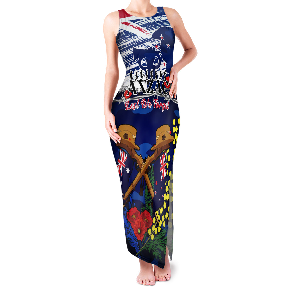 Australia And New Zealand ANZAC Day Family Matching Tank Maxi Dress and Hawaiian Shirt Lest We Forget Silver Fern With Golden Wattle LT14 Mom's Dress Blue - Polynesian Pride