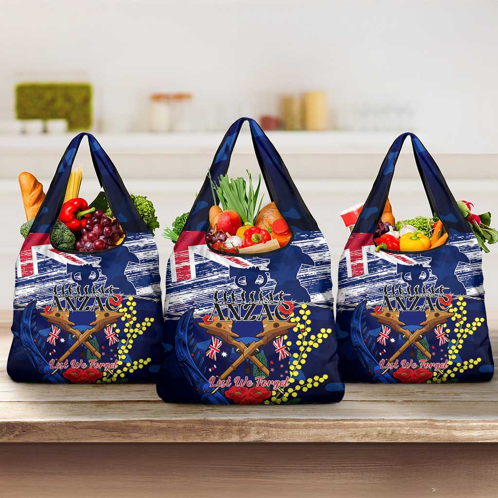 Australia And New Zealand ANZAC Day Grocery Bag Lest We Forget Silver Fern With Golden Wattle LT14 3-pack One Size Blue - Polynesian Pride